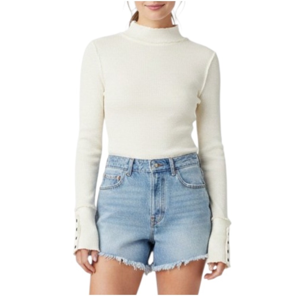 WE THE FREE People CREAM FREYA TOP Long Sleeve Thermal SNAP CUFFS Mock Neck SZ S